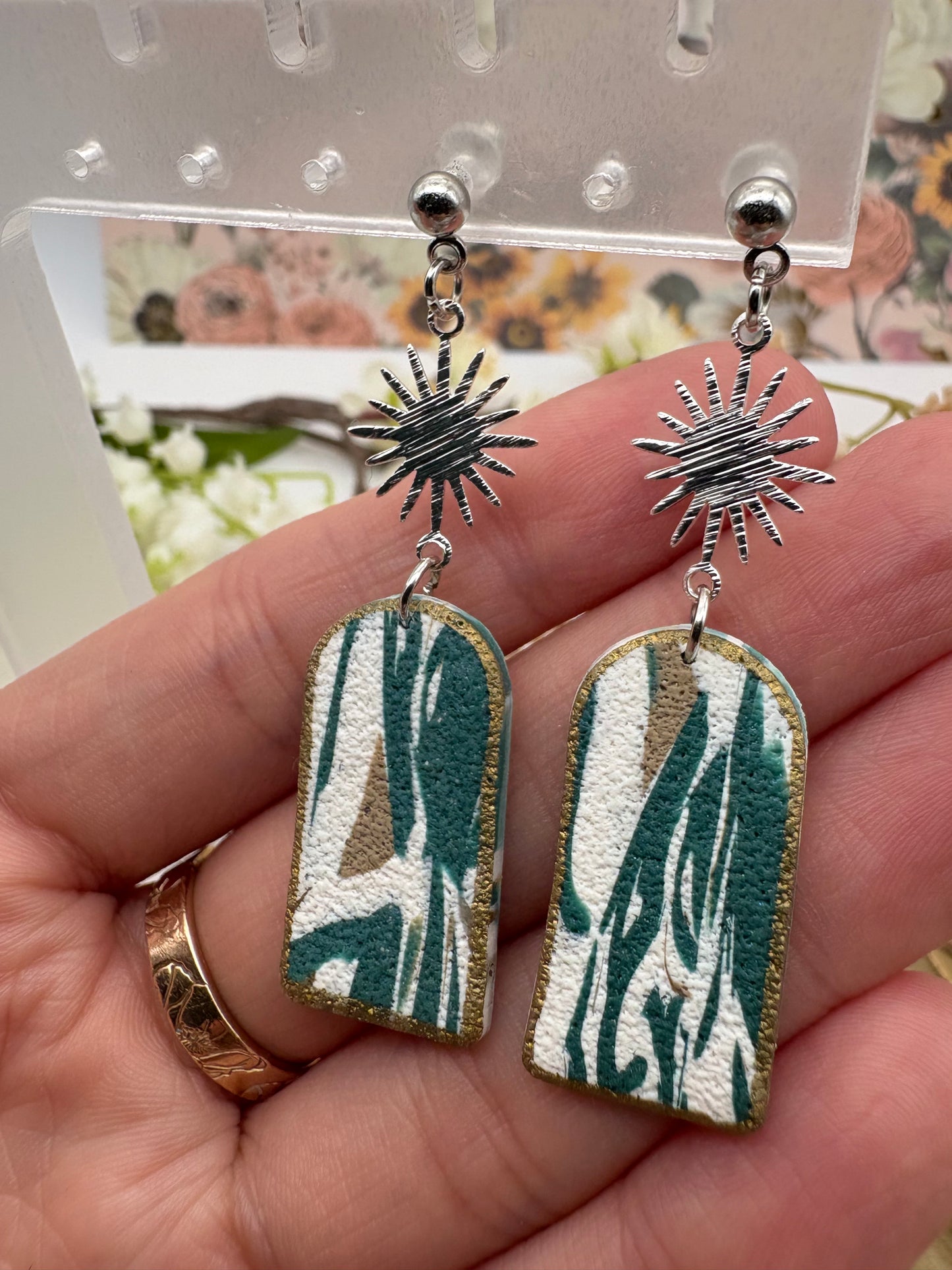 Teal Marble Arch Earrings with Silver Starburst Charm