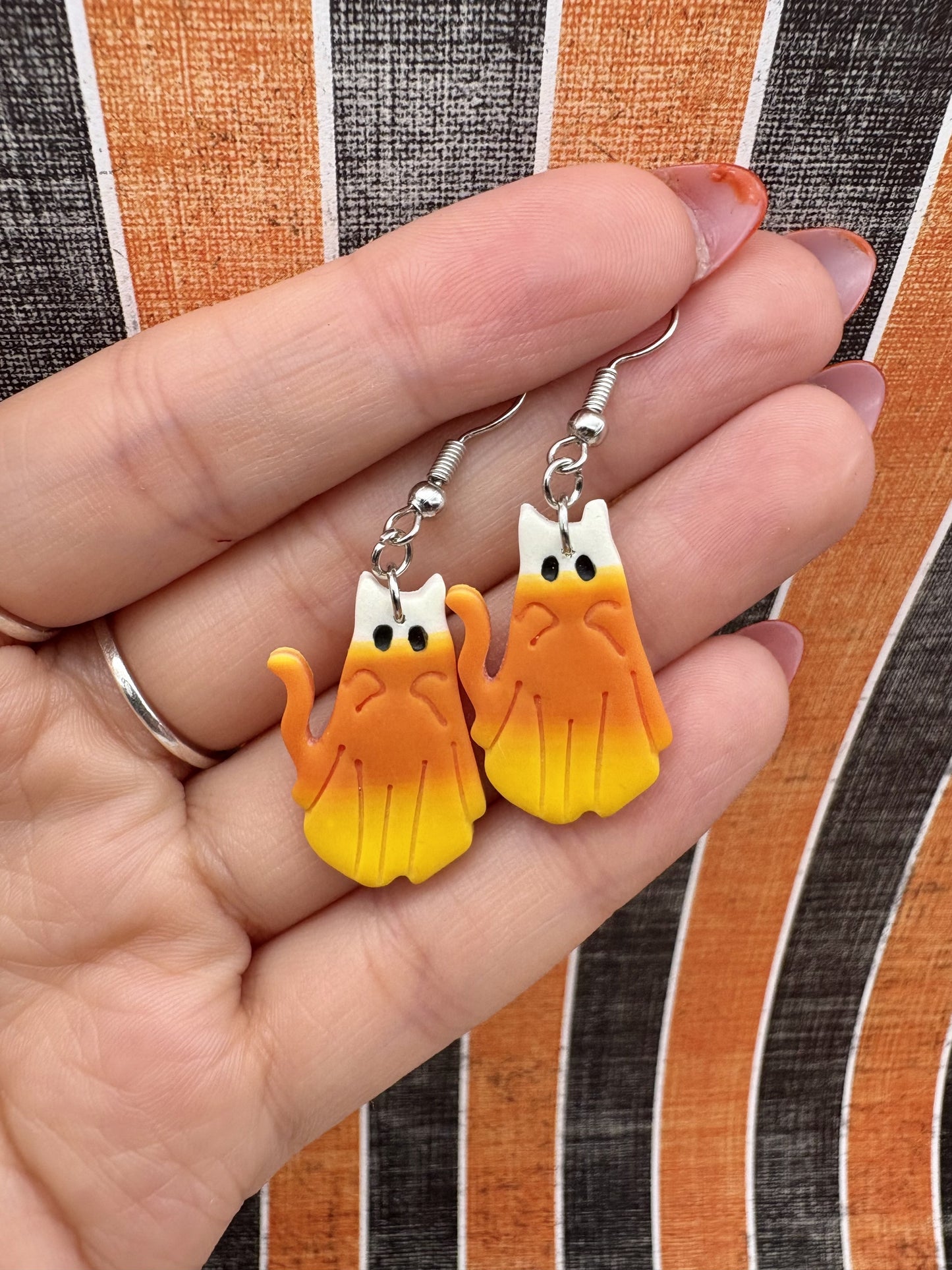 Candy Corn Ghost Kitty Earrings
