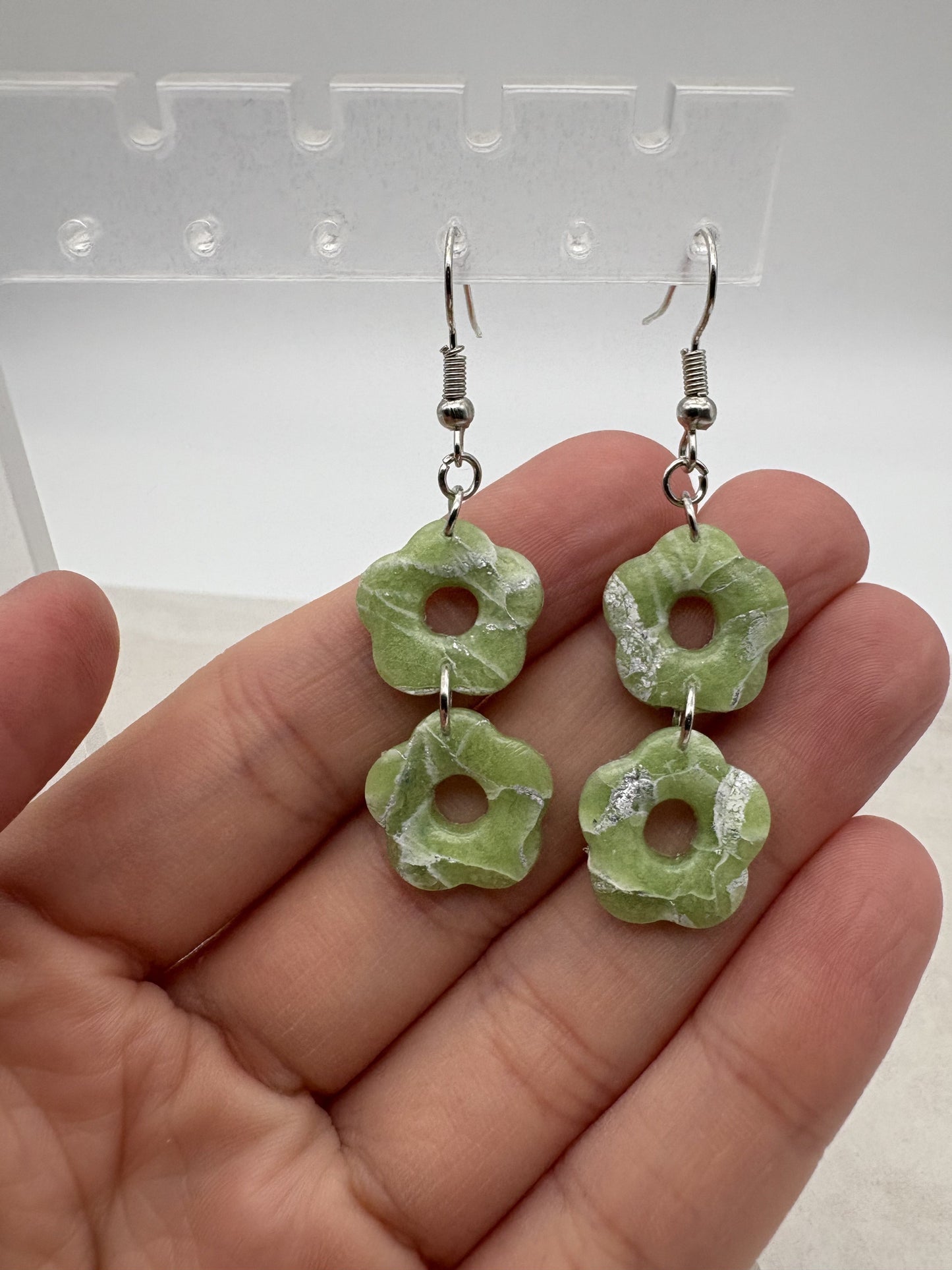 Marbled Iridescent Green Double Flower Earrings