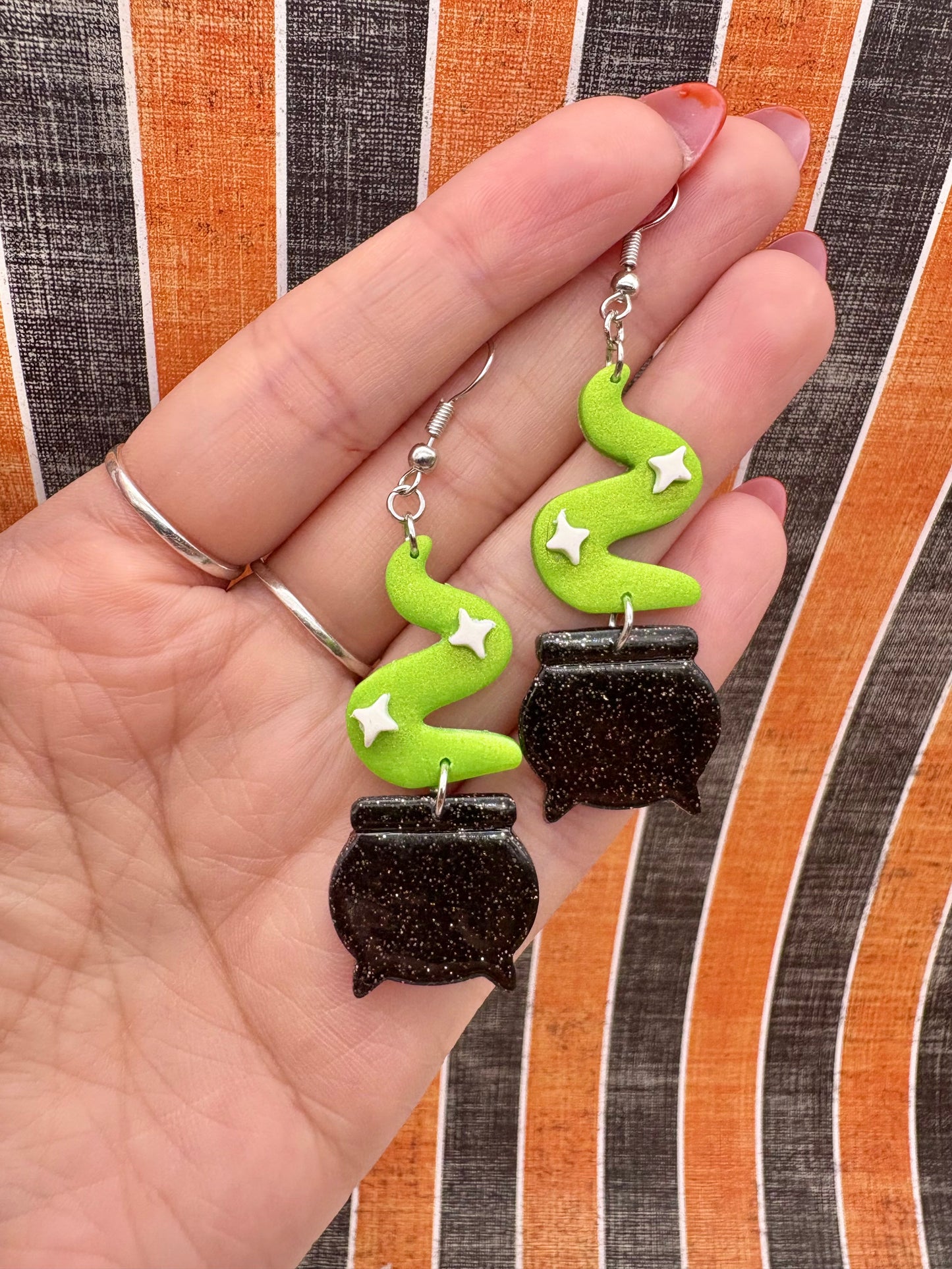 Black Sparkly Cauldron with Green Smoke Earrings