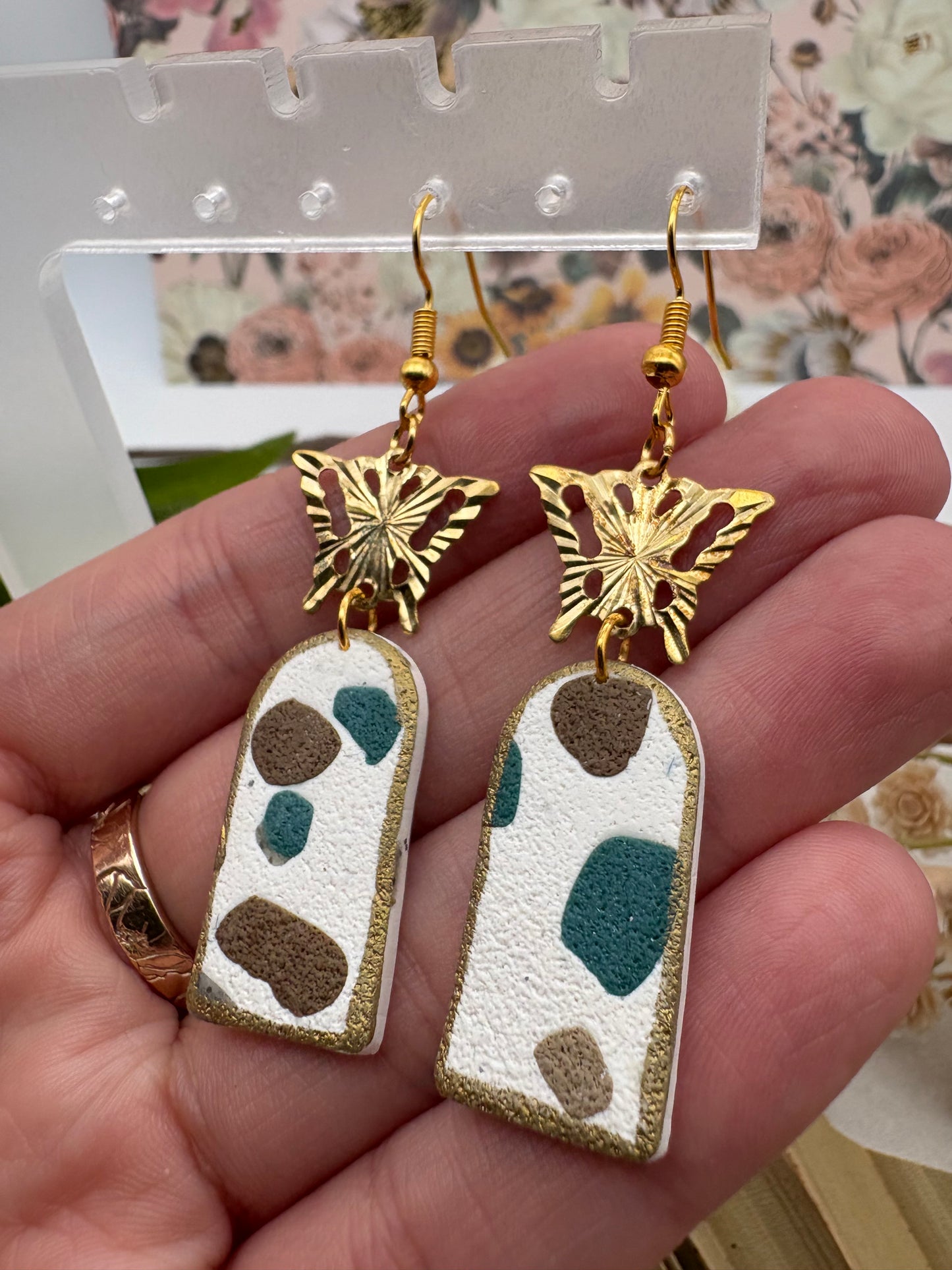 Terrazzo Arch Earrings With Gold Butterfly Charm