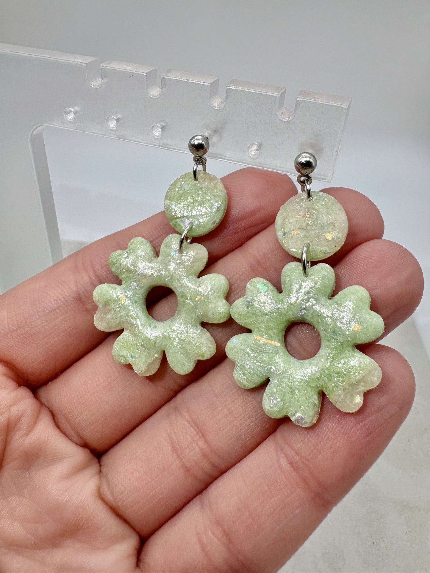 Green Marbled Iridescent Flower Earrings