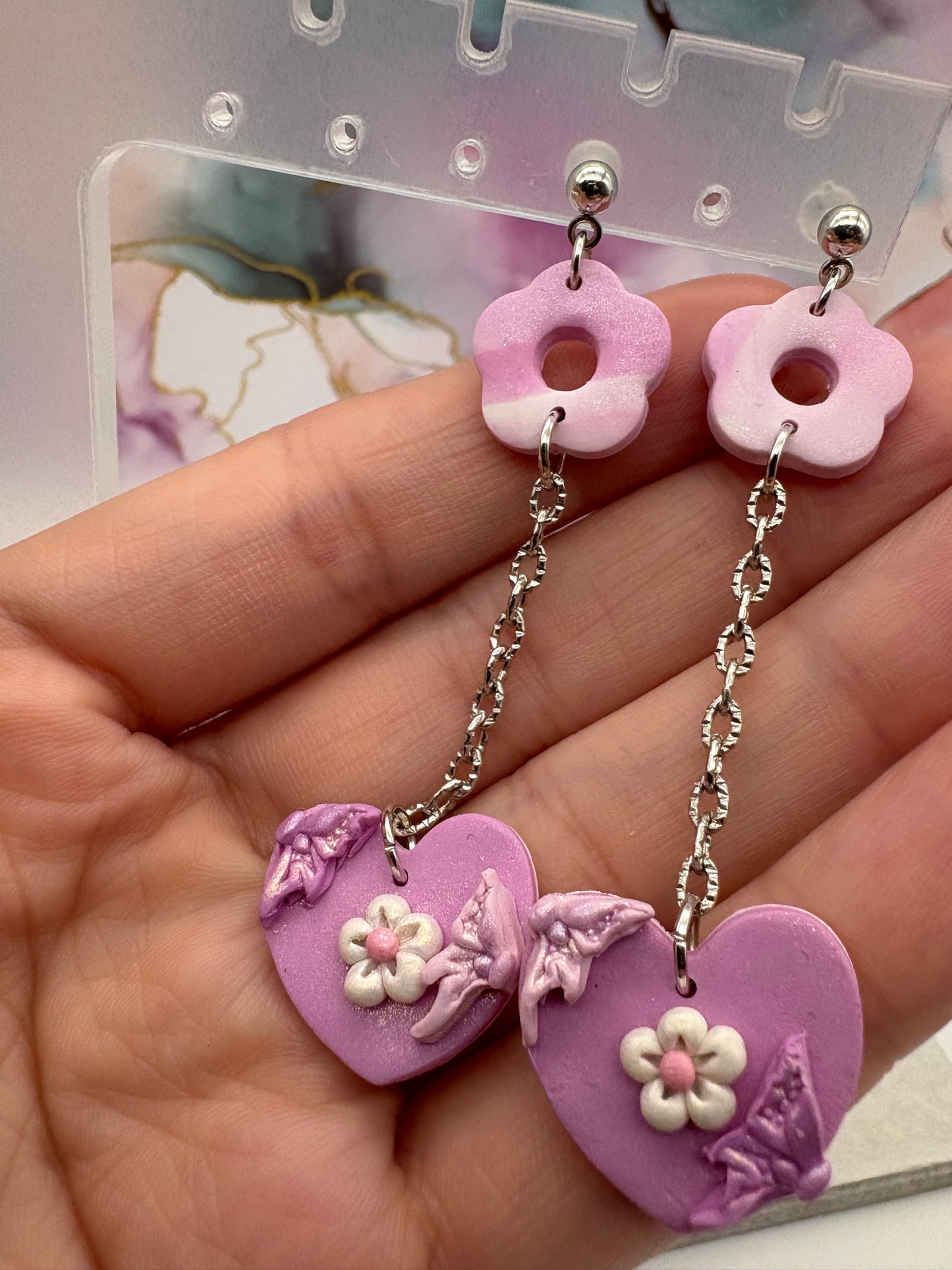 Lavender Dangle Heart and Donut Flower Earrings