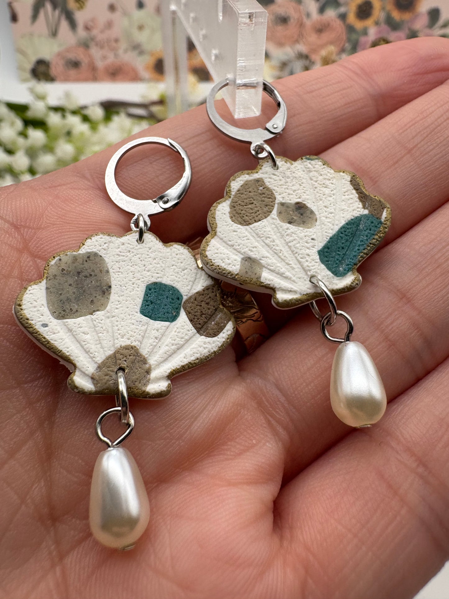 Terrazzo Clam Shell Earrings With Pearl Charm