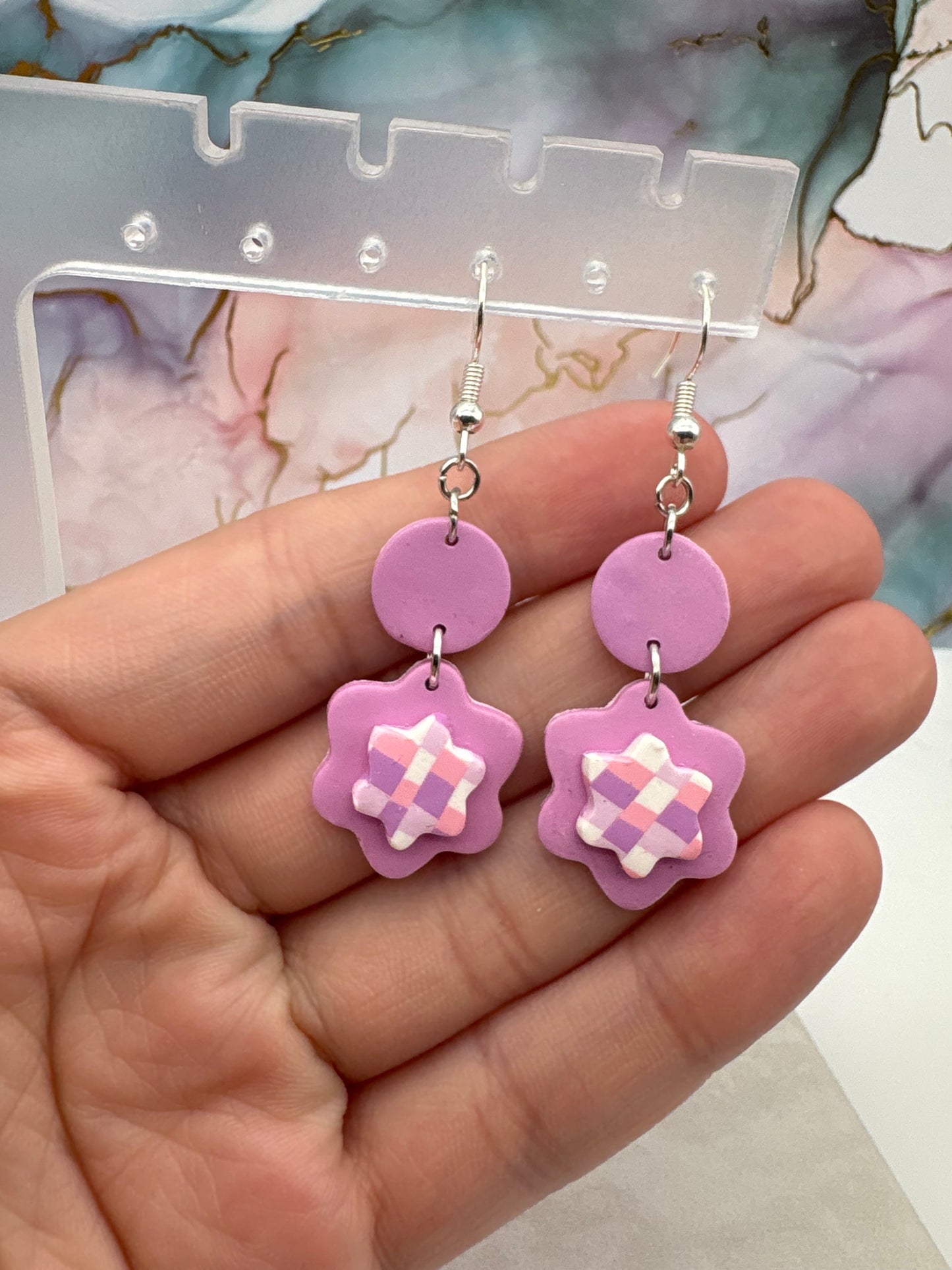 Lavender Dangle Earrings With Plaid Centerpiece