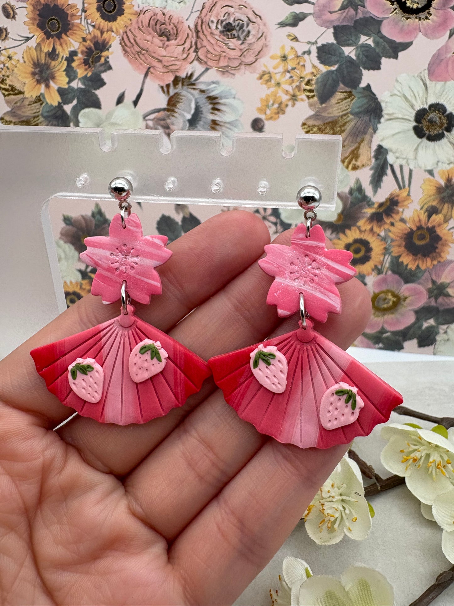 Cherry Blossom and Fans With Strawberries Earrings