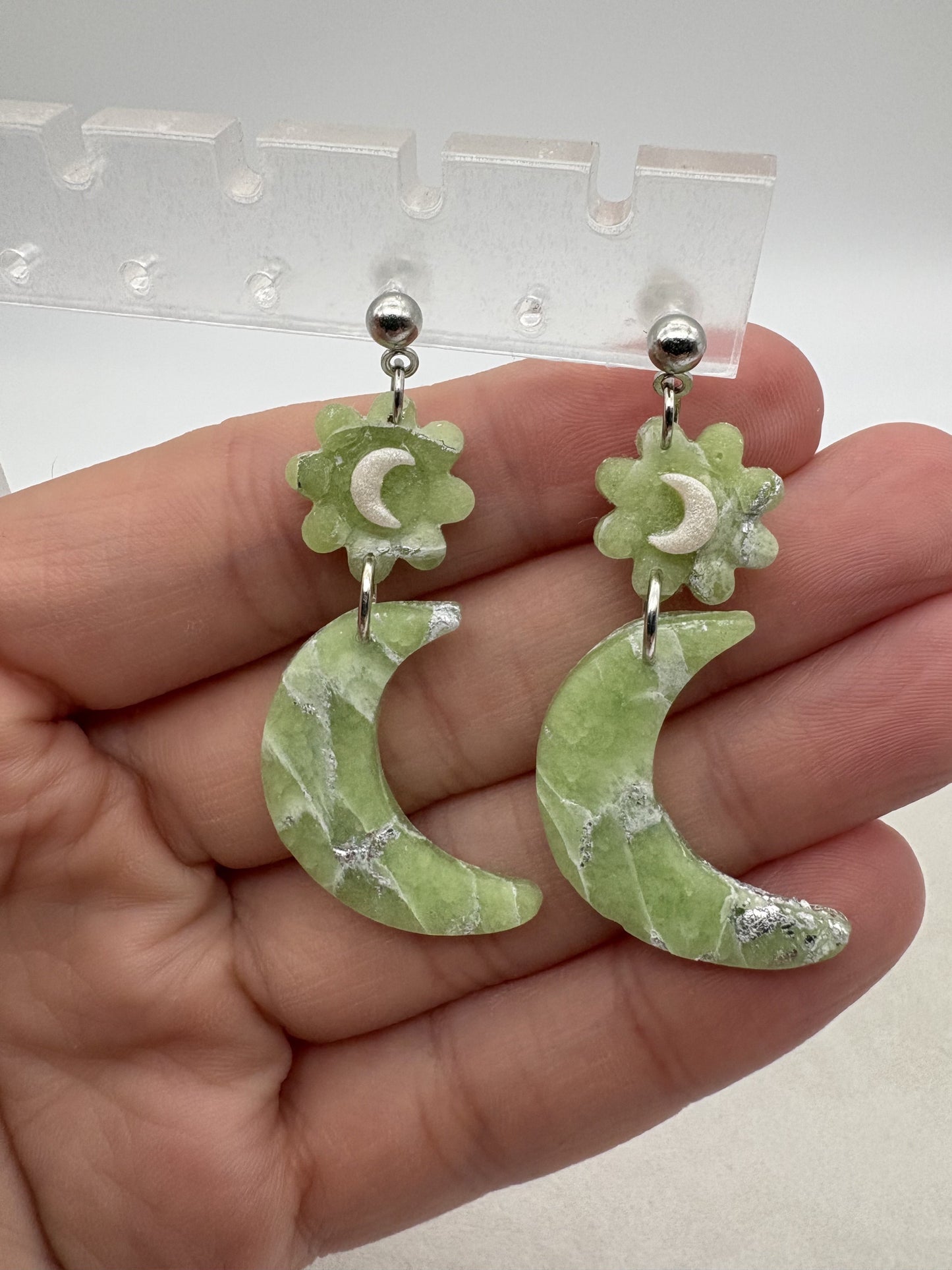 Lime Green Marbled Crescent Moon Earrings