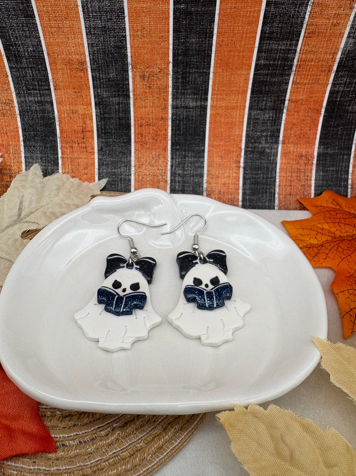 Bookish Ghosts With Black Bow Earrings