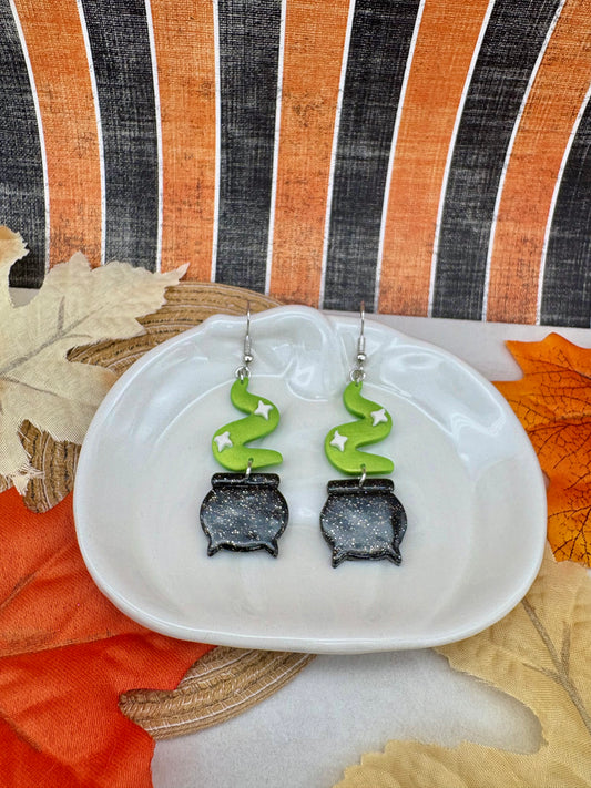 Black Sparkly Cauldron with Green Smoke Earrings