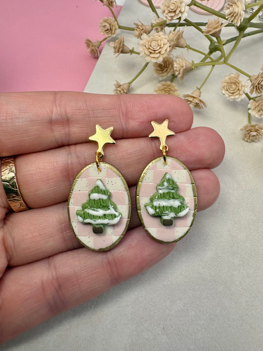 Checkered Christmas Tree Polymer Clay Earrings With Star Posts