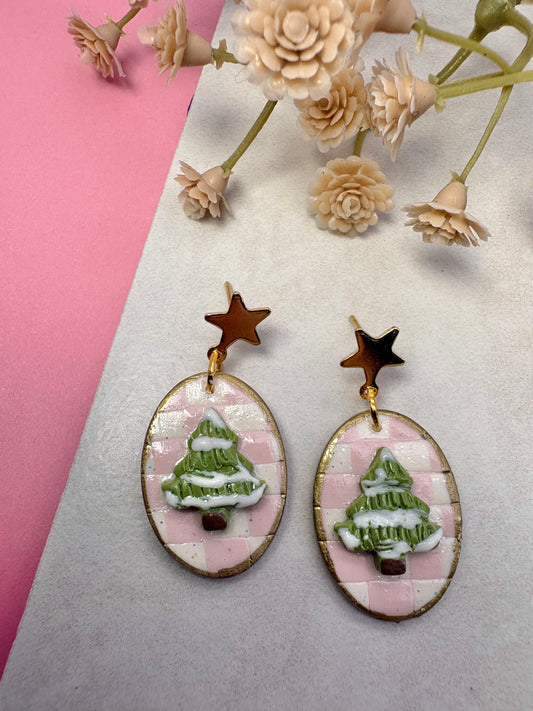 Checkered Christmas Tree Polymer Clay Earrings With Star Posts