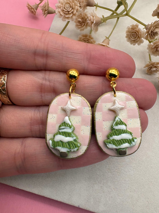 Checkered Christmas Tree Polymer Clay Earrings With Ball Posts