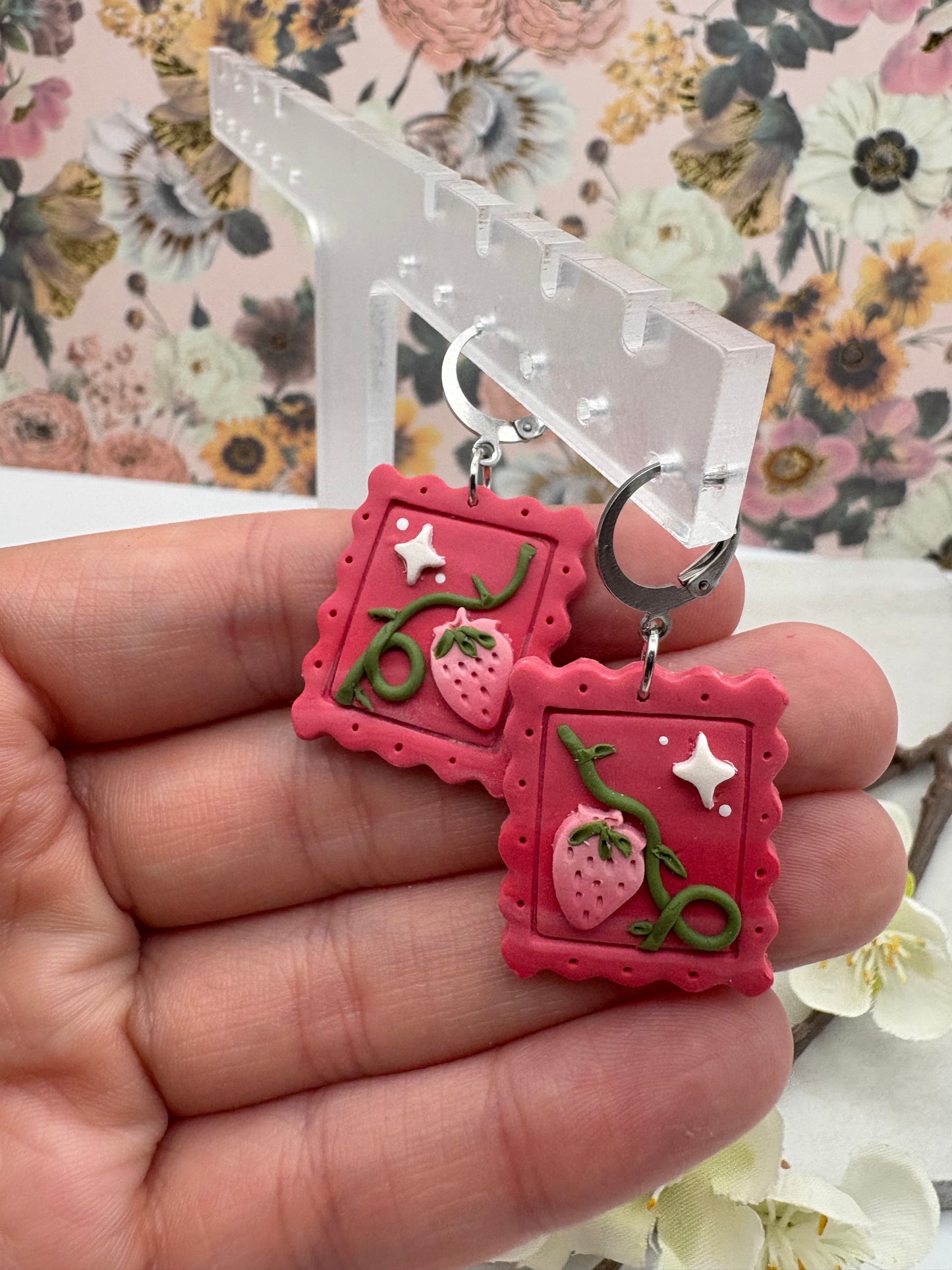 Strawberry Postage Stamp Earrings