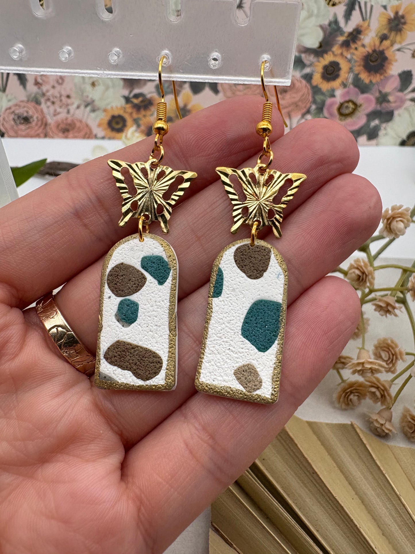 Terrazzo Arch Earrings With Gold Butterfly Charm