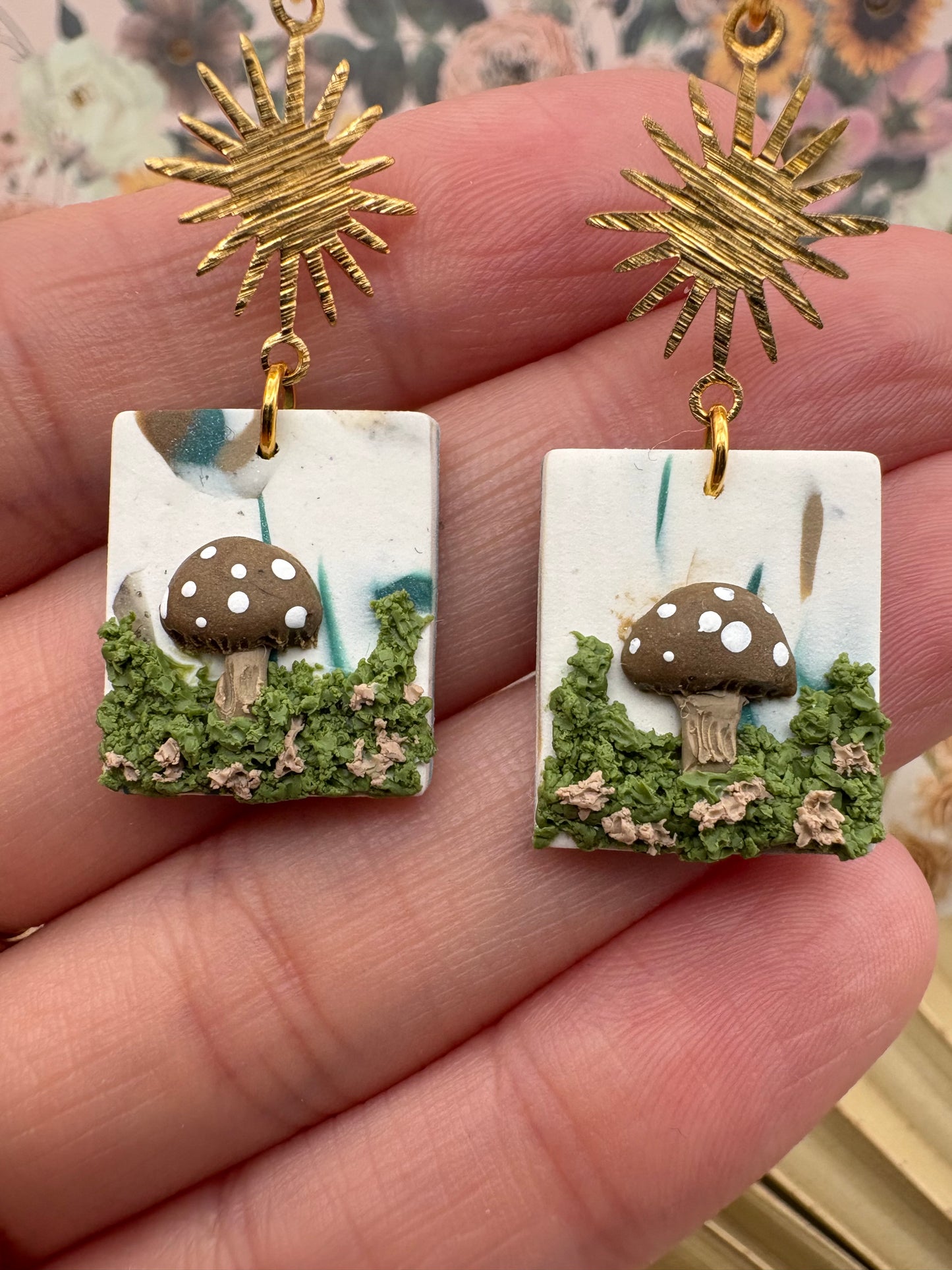 Mossy Mushrooms With Sunburst Charm Earrings