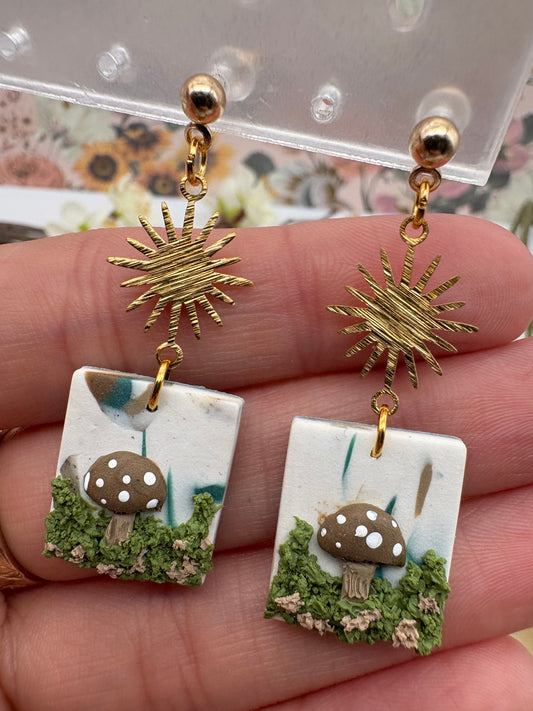 Mossy Mushrooms With Sunburst Charm Earrings