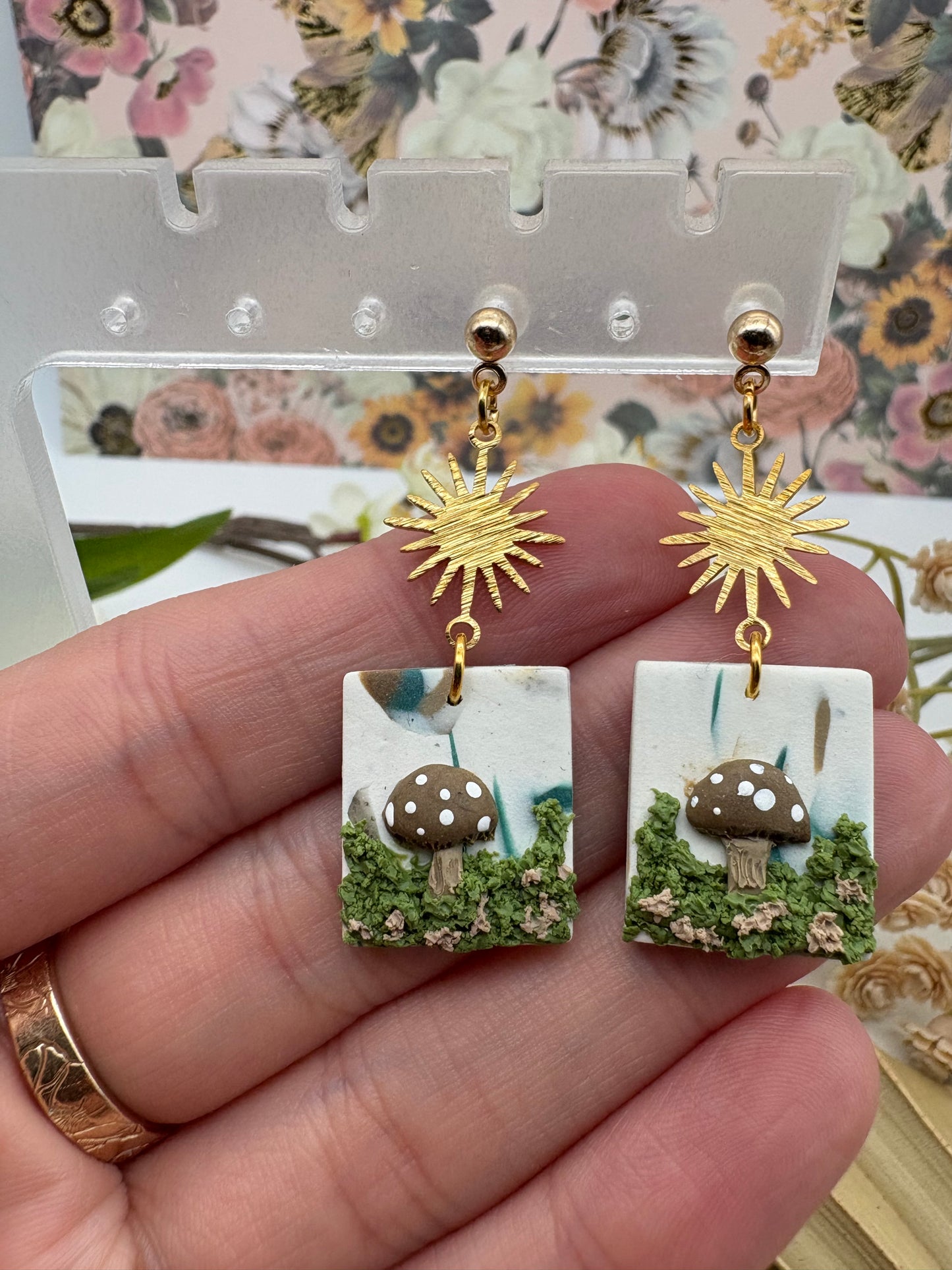 Mossy Mushrooms With Sunburst Charm Earrings