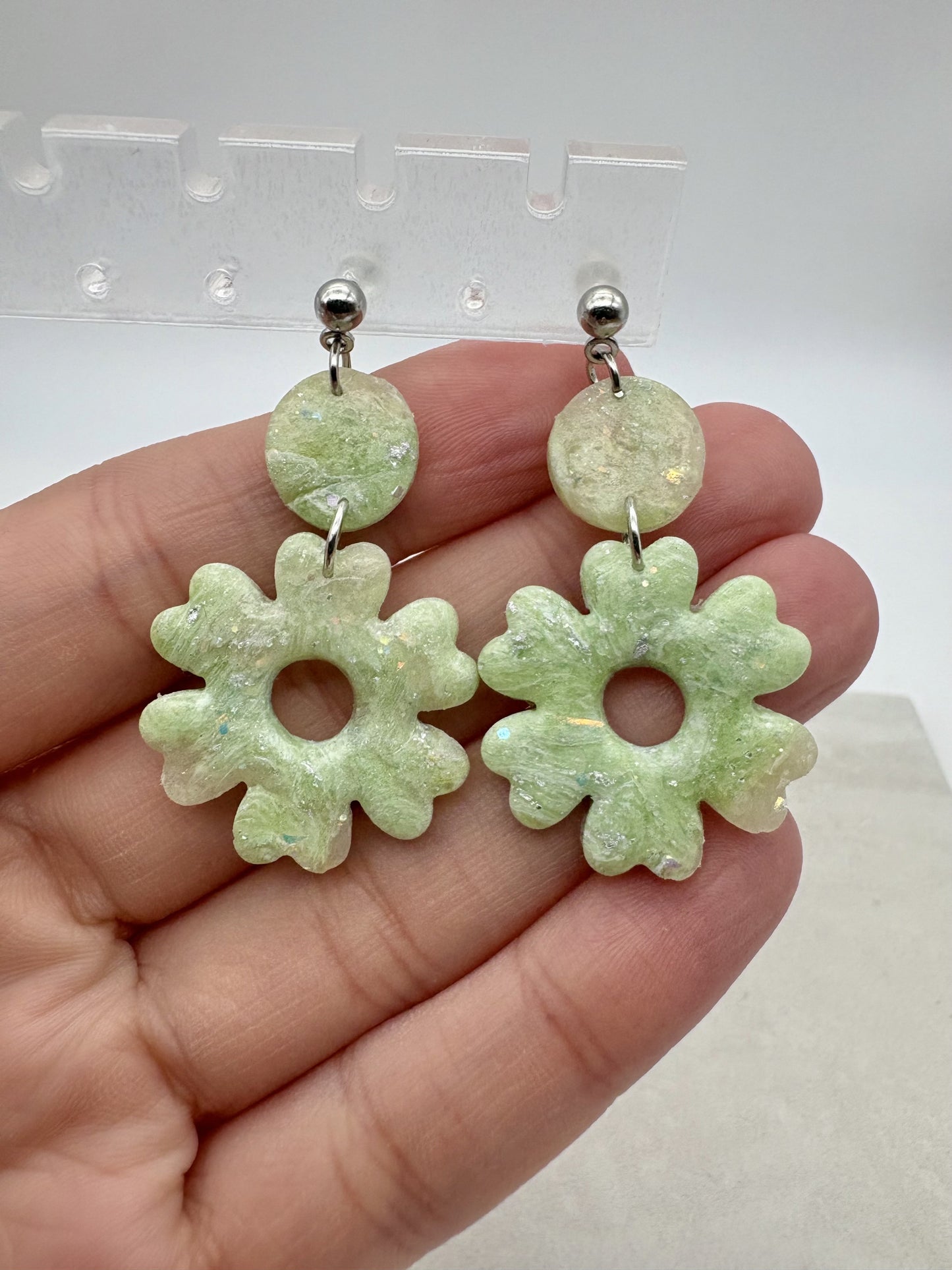 Green Marbled Iridescent Flower Earrings