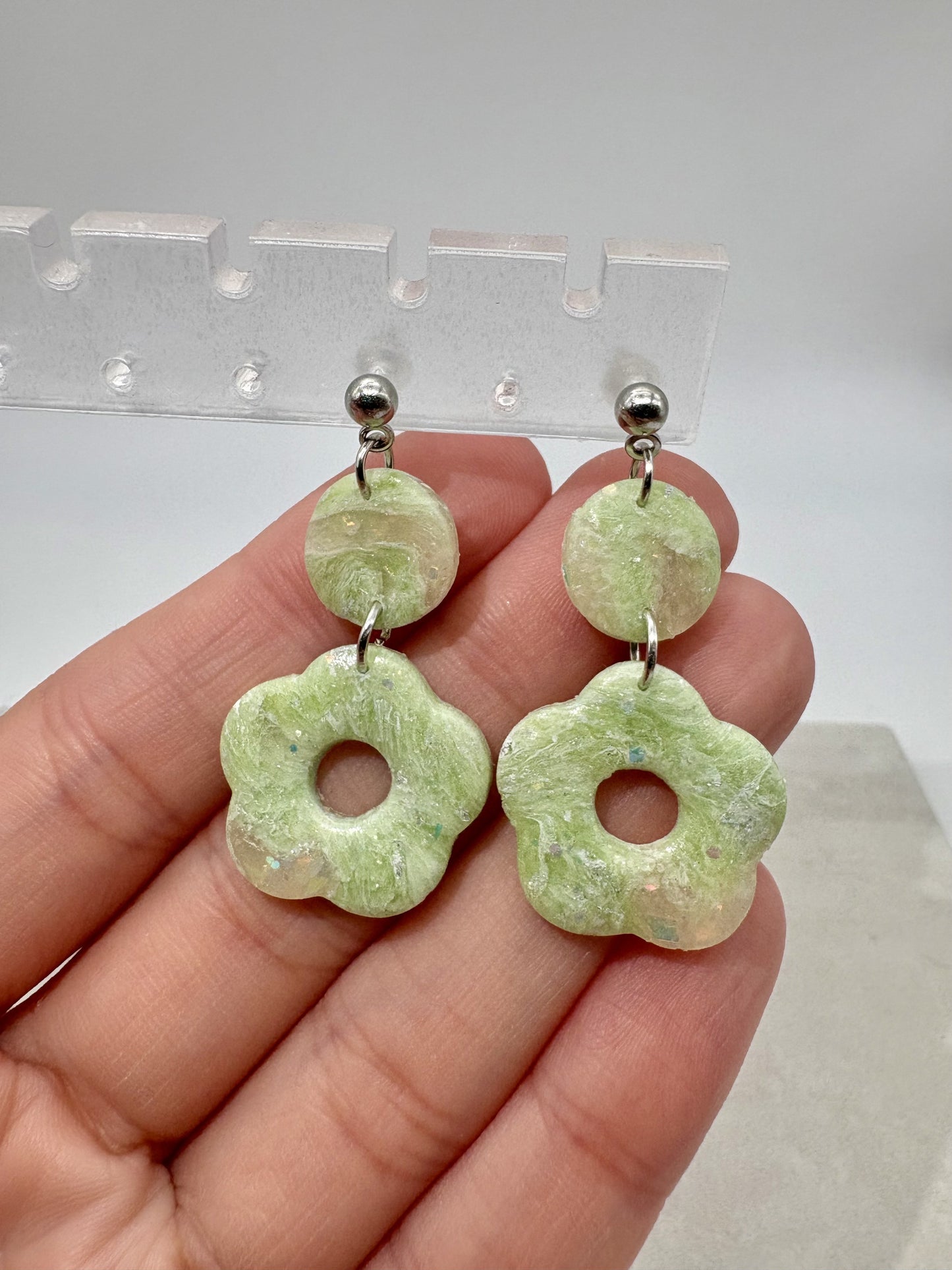 Marbled Iridescent Green Flower Earrings
