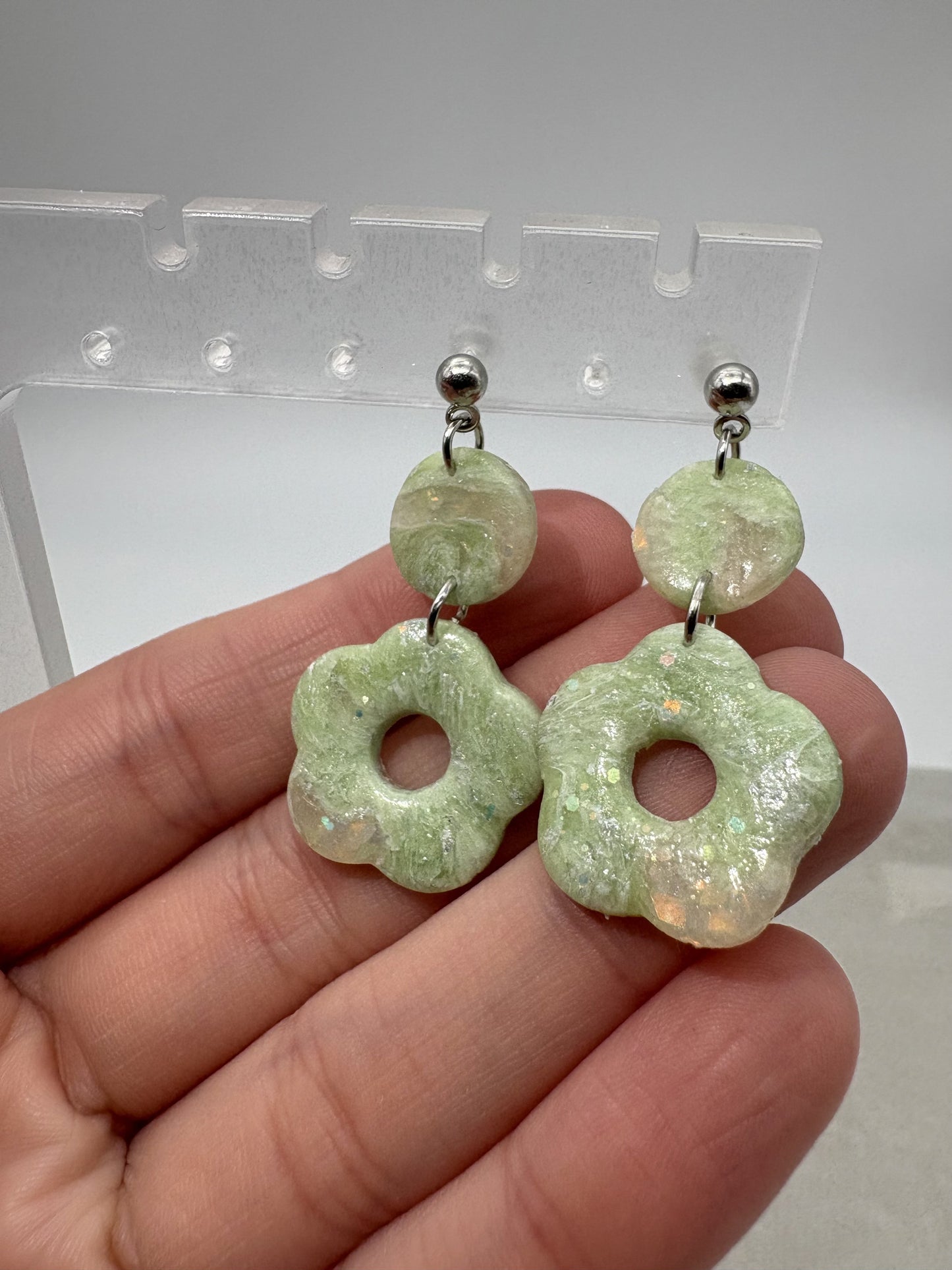 Marbled Iridescent Green Flower Earrings