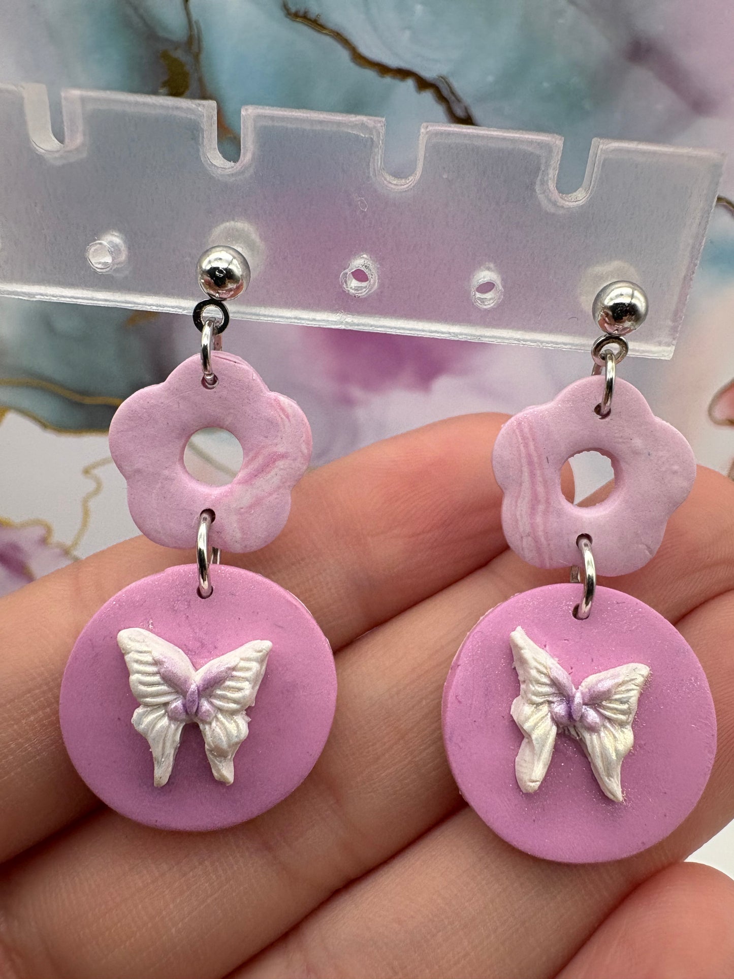 Lavender Dangle Earrings With Donut Flower and Butterfly Centerpiece