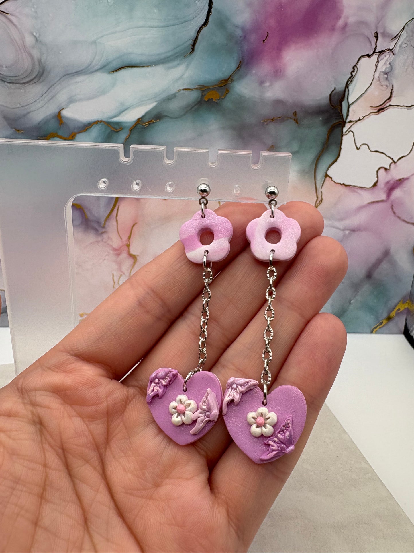 Lavender Dangle Heart and Donut Flower Earrings