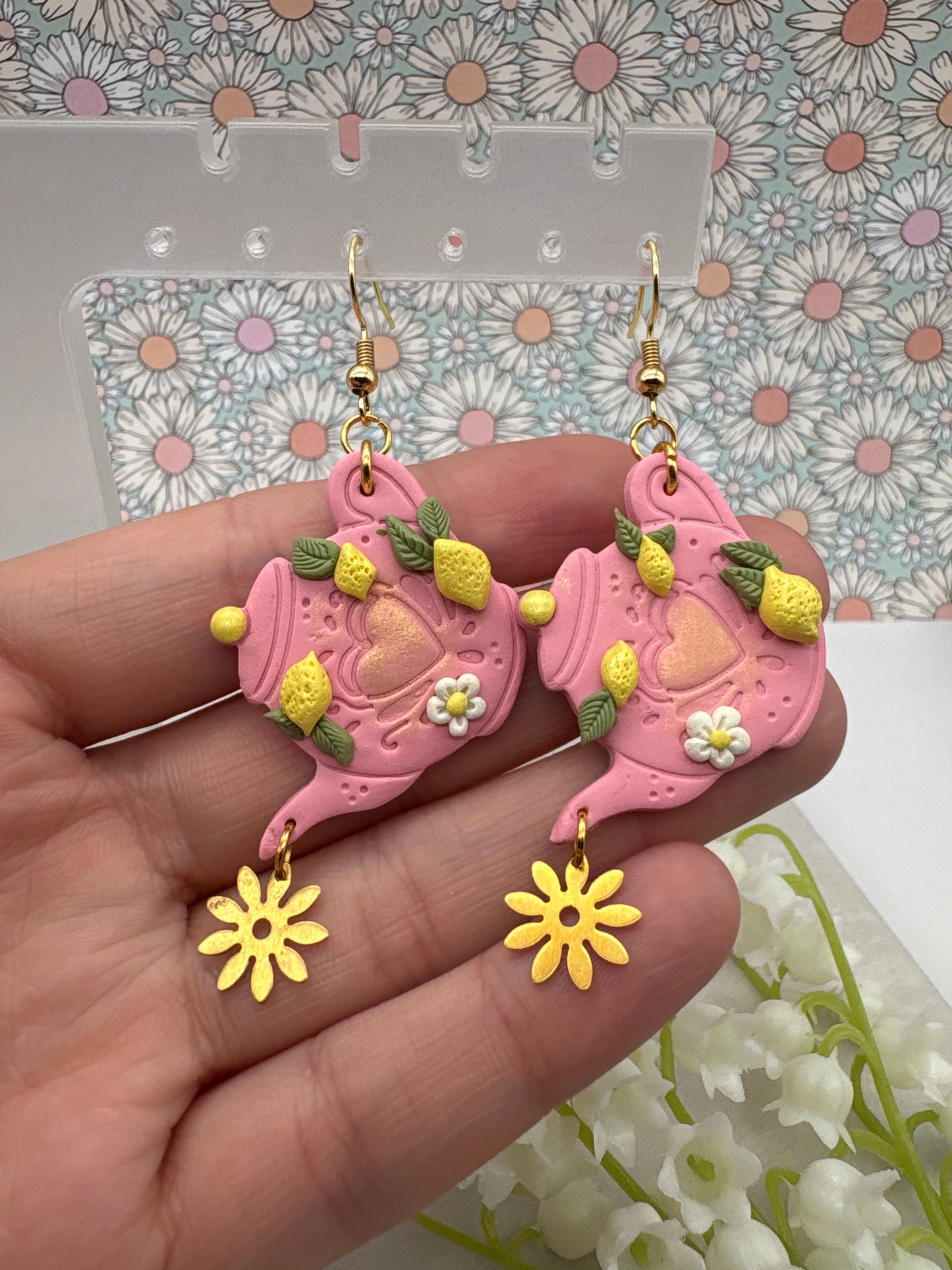 Lemon Teapot With Flower Charms Earrings