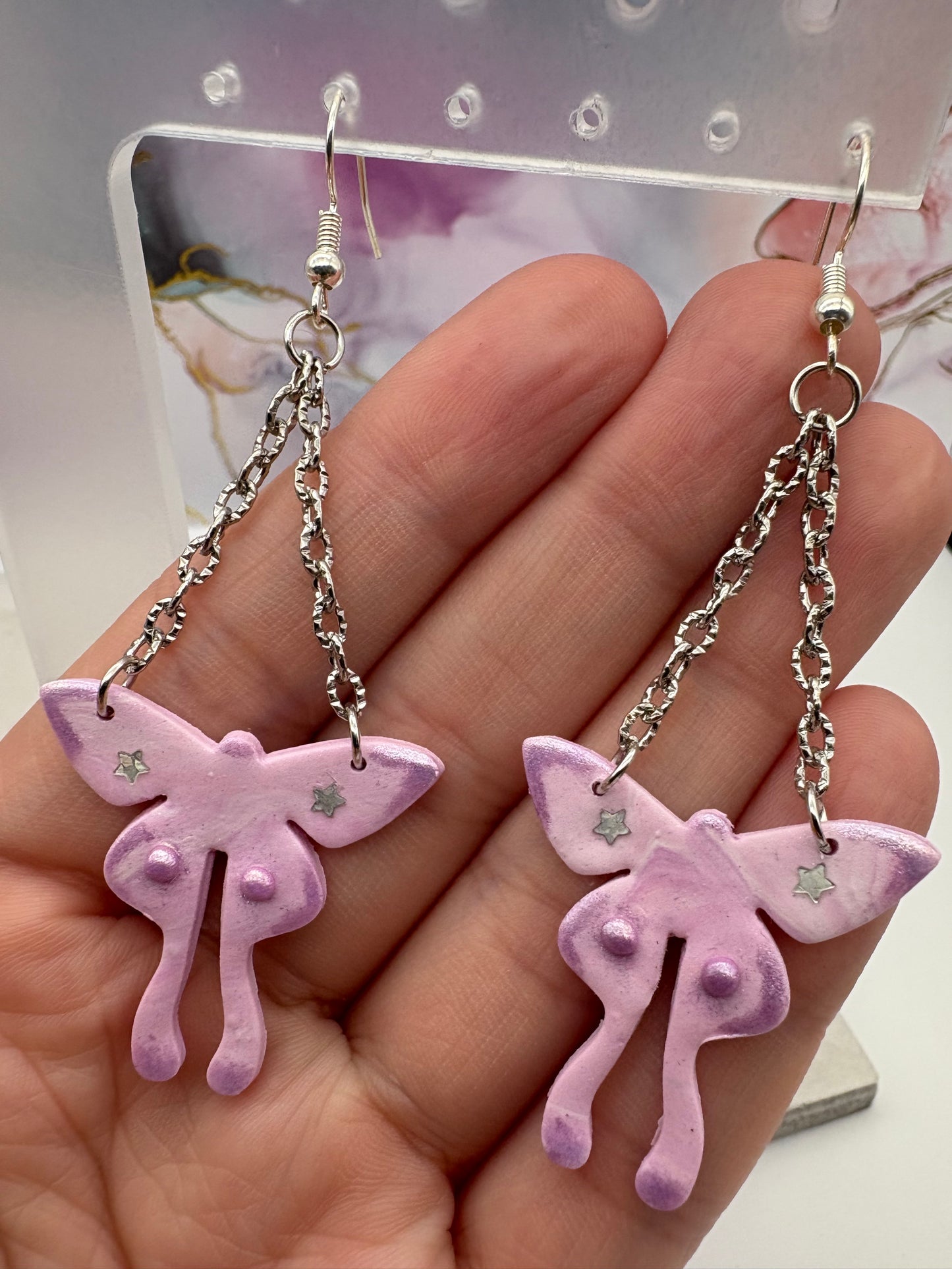 Lavender Moth Earrings With Silver Chain