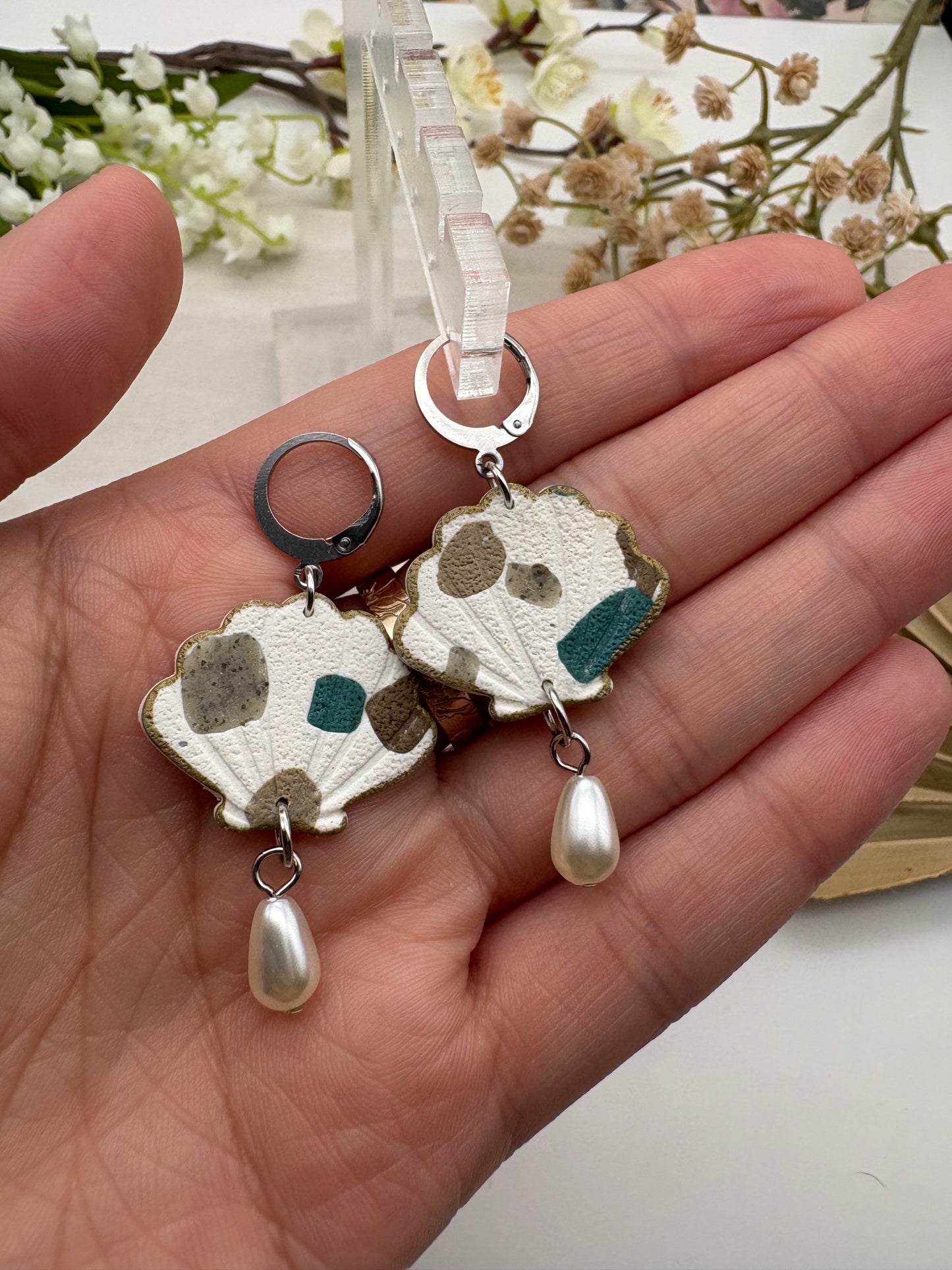 Terrazzo Clam Shell Earrings With Pearl Charm