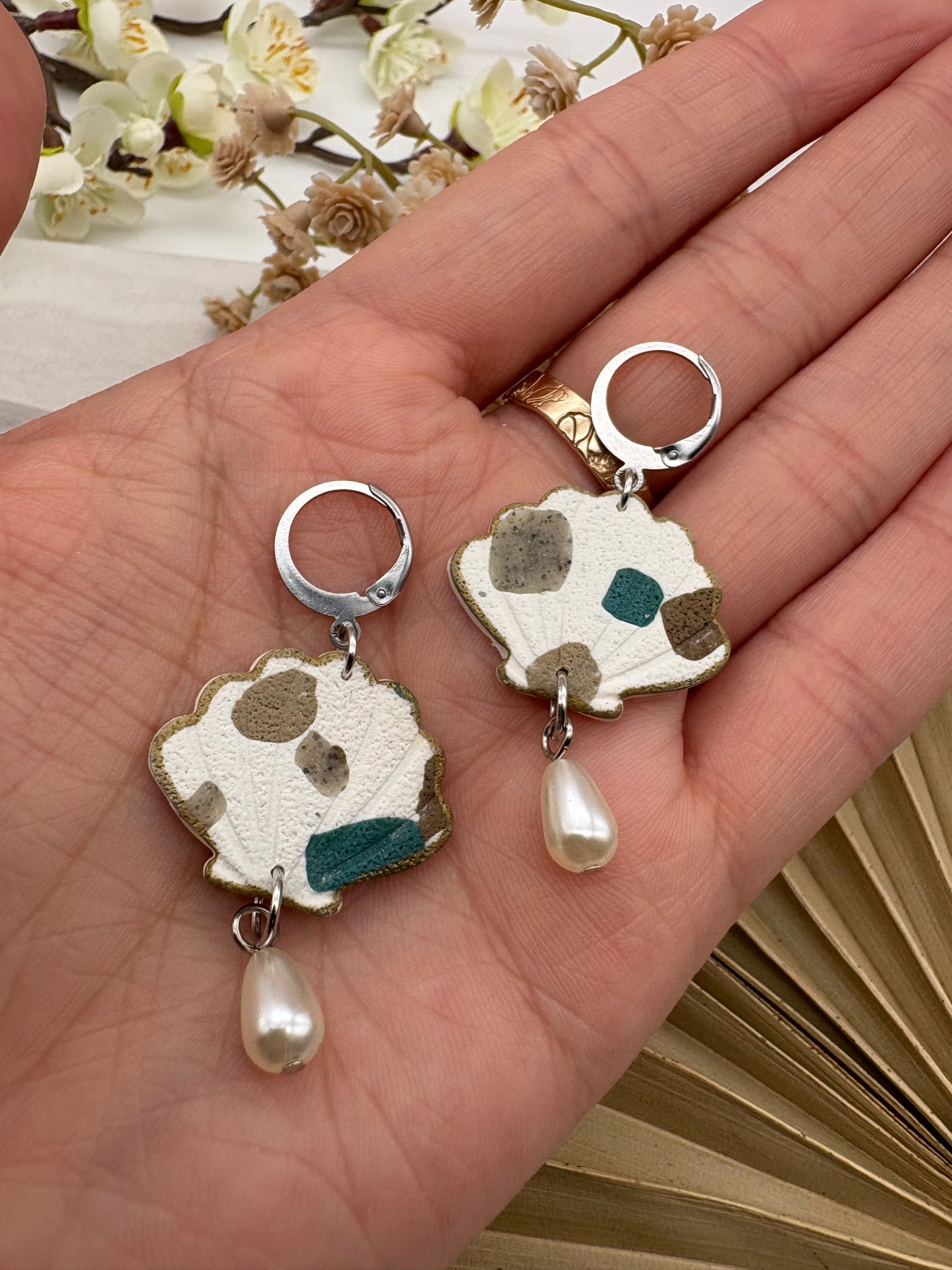 Terrazzo Clam Shell Earrings With Pearl Charm
