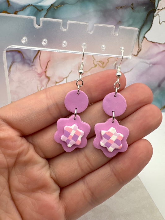 Lavender Dangle Earrings With Plaid Centerpiece