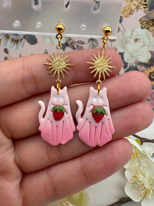 Ombre Cat Ghosties Holding Strawberries Earrings